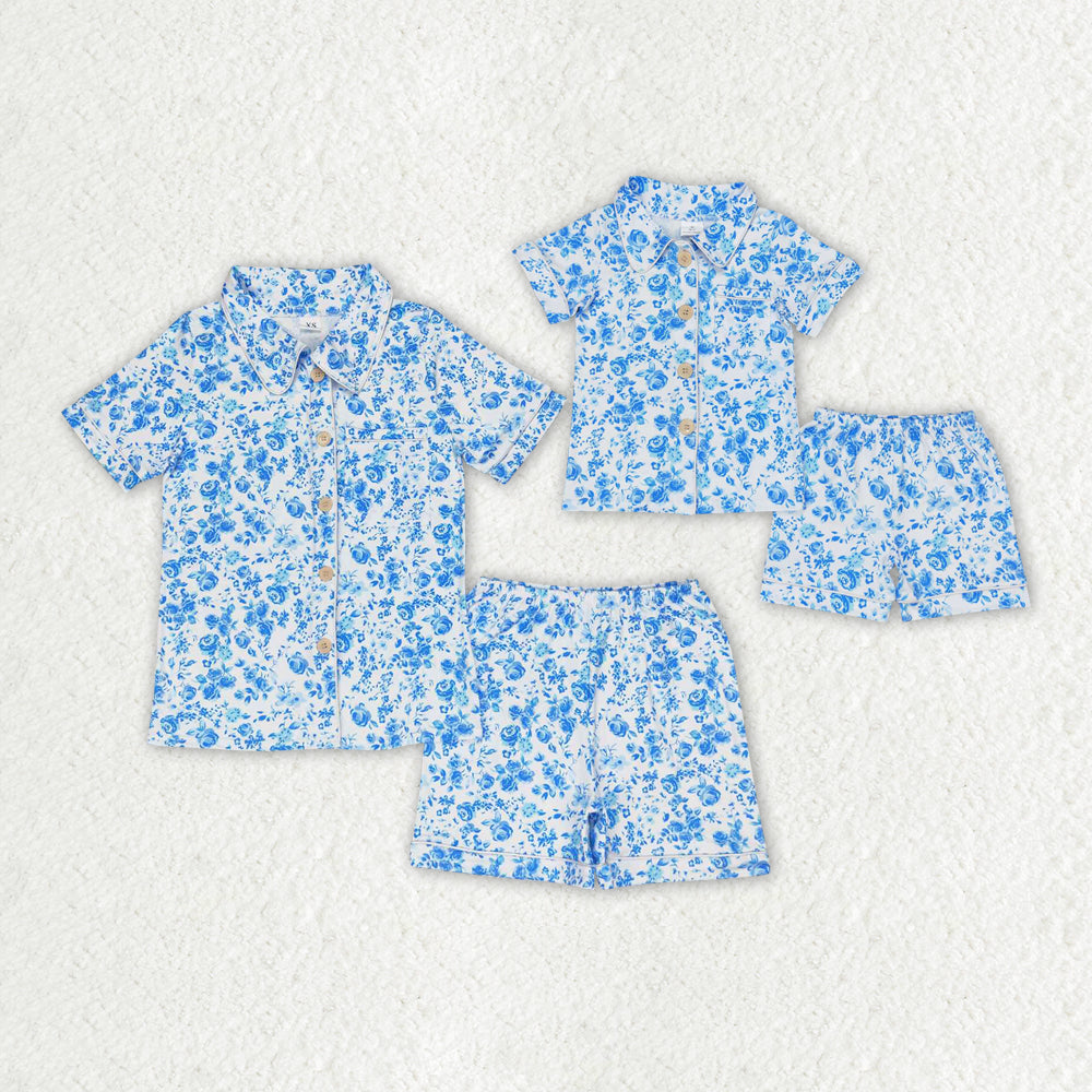 Mommy and Me Family Baby Girls Blue Flowers Shirts Ruffle Shorts Pajamas Clothes Sets