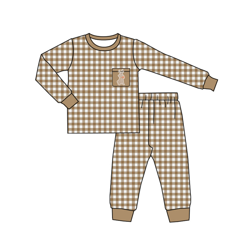 Baby Boys Dog Khaki Checkered Tee Pants Pajamas Sets preorder(moq 5)