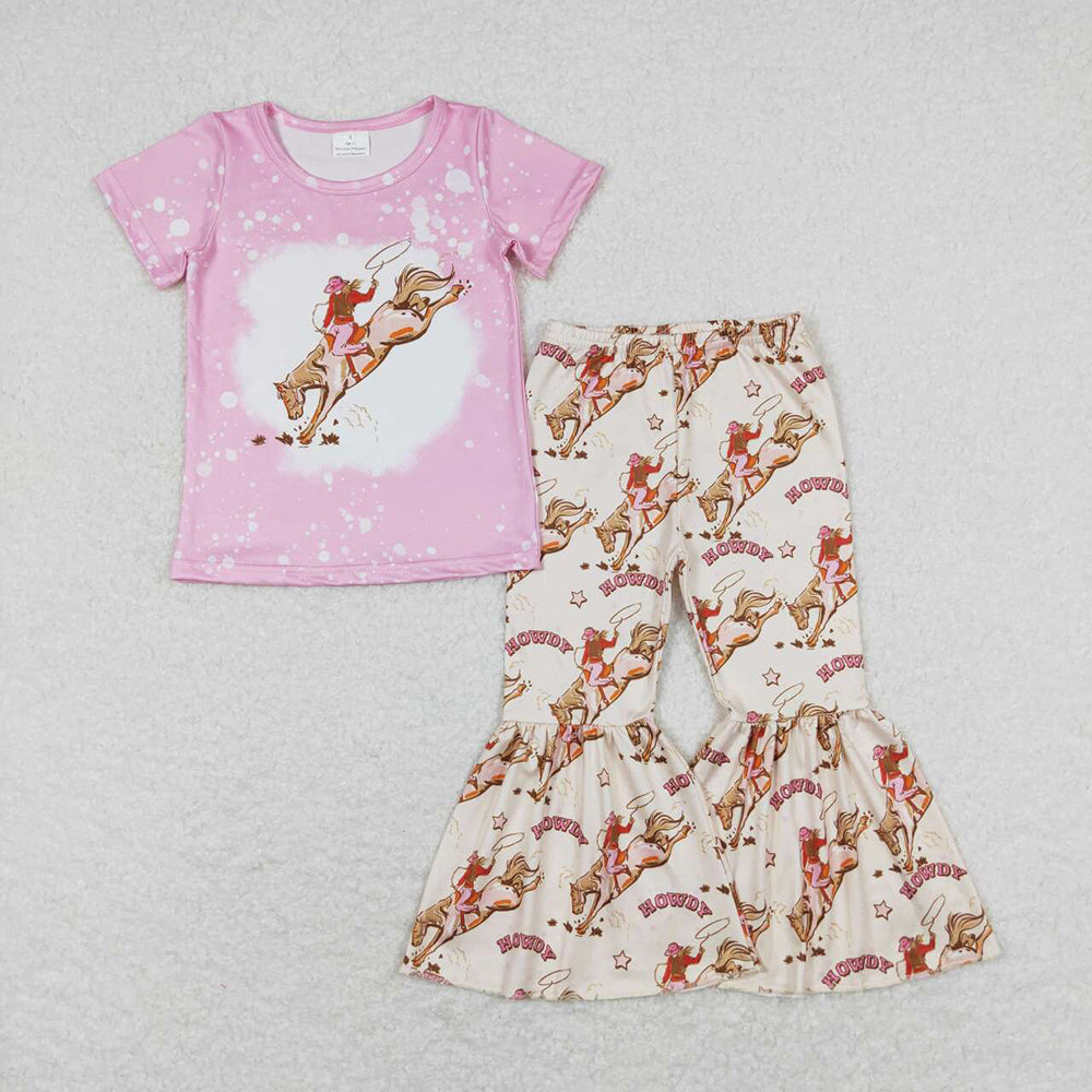 Baby Girls Sibling Horse Boots Tee Top Bell Pants Western Outfits Sets