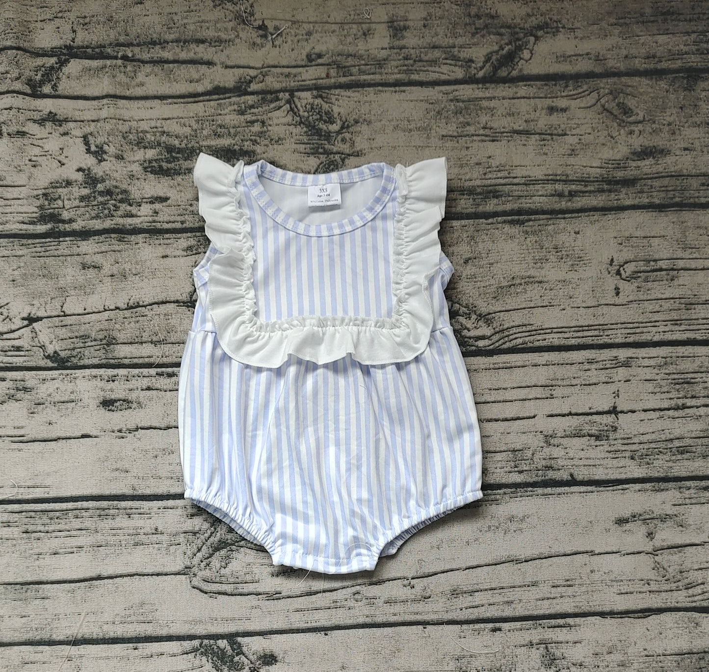 Baby Infant Girls Blue Stripes Ruffle Bib Rompers