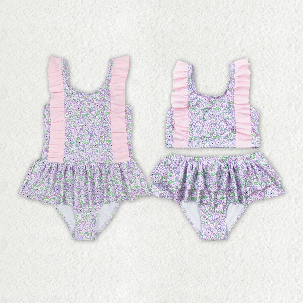 Baby Girls Summer Lavender Flowers Sibling Sister Swimsuits