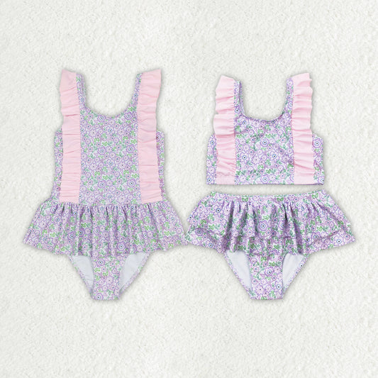 Baby Girls Summer Lavender Flowers Sibling Sister Swimsuits