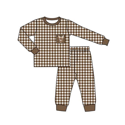 Baby Boys Deer Brown Checkered Tee Pants Pajamas Sets preorder(moq 5)