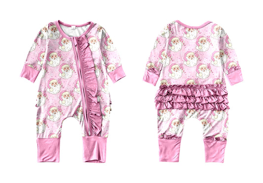 Baby Infant Girls Ruffle Pink Santa Long Sleeve Rompers preorder(moq 5)