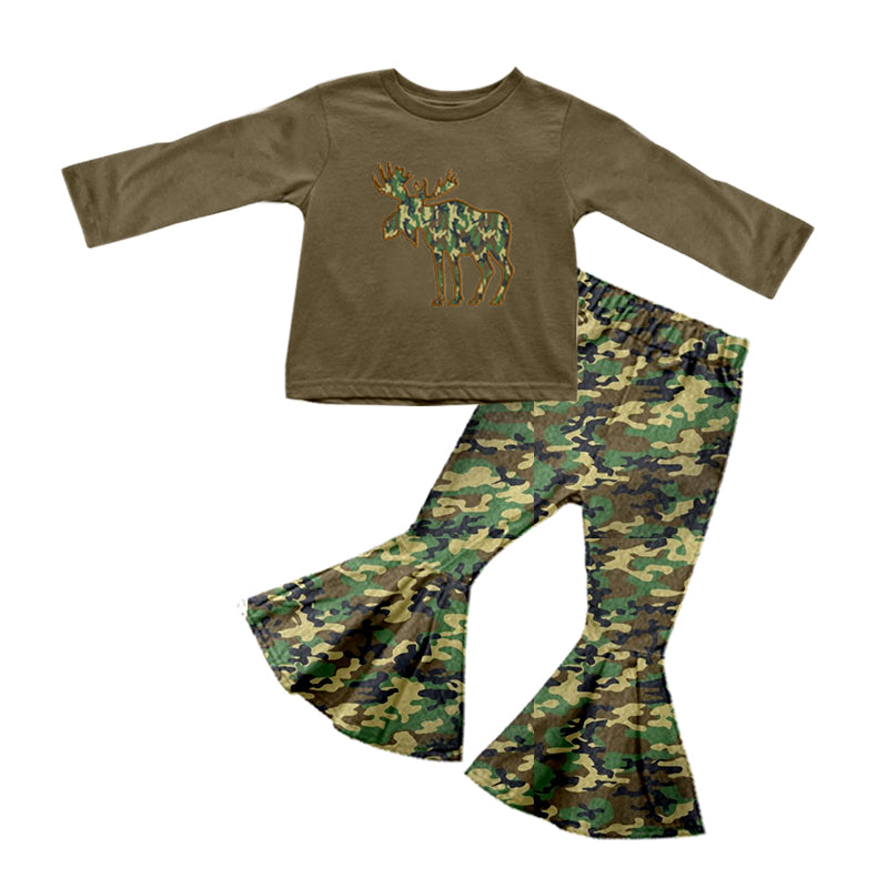 Baby Girls Camo Green Deer Cows Top Bell Pants Clothing Sets preorder(moq 5)