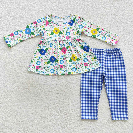 Baby Girls Navy Floral Tunic Plaid Legging Pants Outfits Clothing Sets