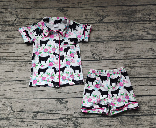 Baby Girls Western Cows Pink Flowers Buttons Shirts Shorts Pajamas Clothes Sets