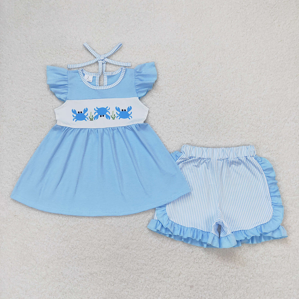 Baby Girls Crab Tunic Top Stripes Ruffle Shorts Clothes Sets