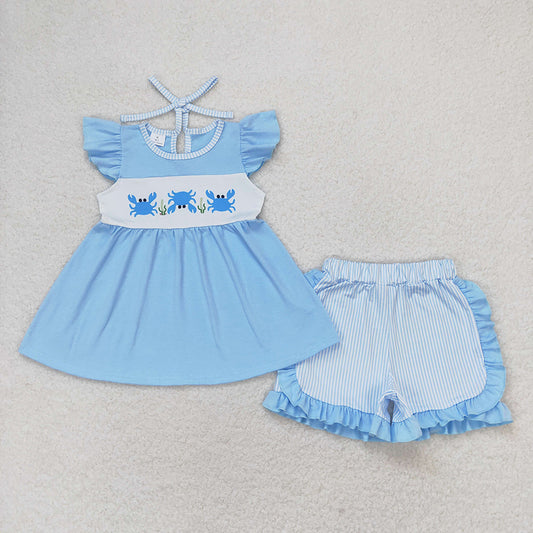 Baby Girls Crab Tunic Top Stripes Ruffle Shorts Clothes Sets