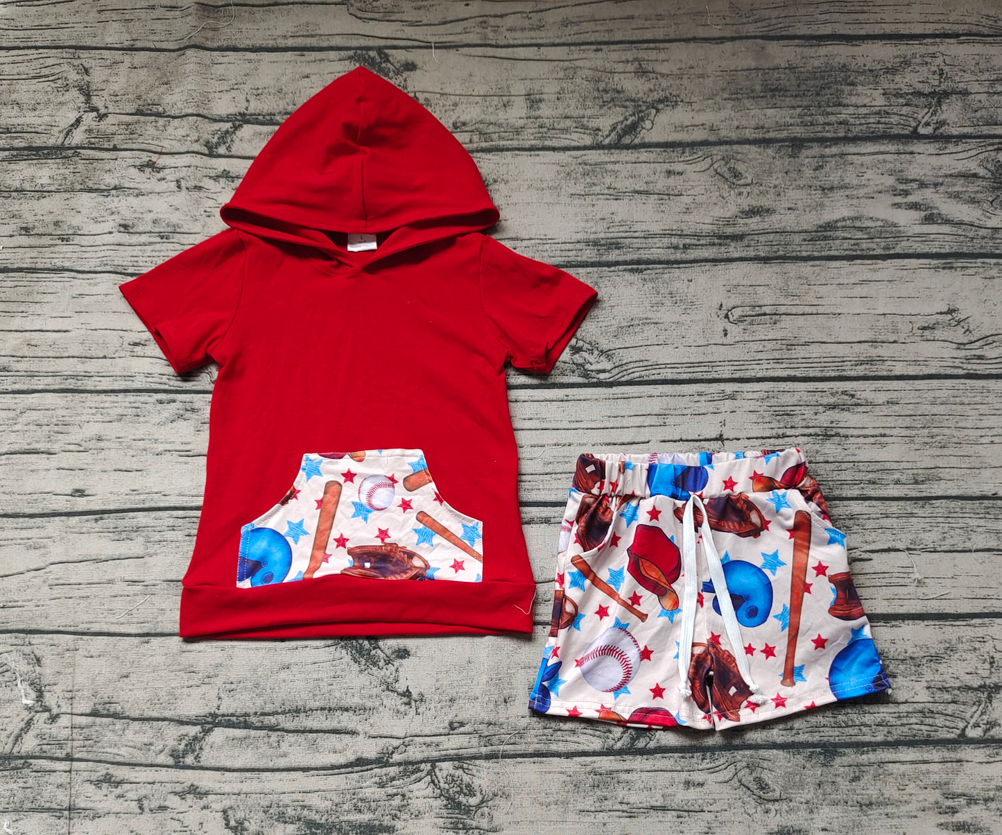 Baby Boys Red Hooded Shirt Tops Baseball Shorts Clothes Sets