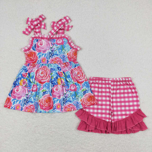 Baby Girls Blue Flowers Straps Tunic Top Ruffle Shorts Clothes Sets