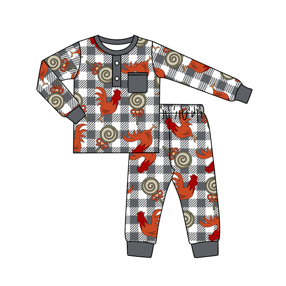 Baby Boys Grey Checkered Chicken Top Pants Pajamas Sets preorder(moq 5)