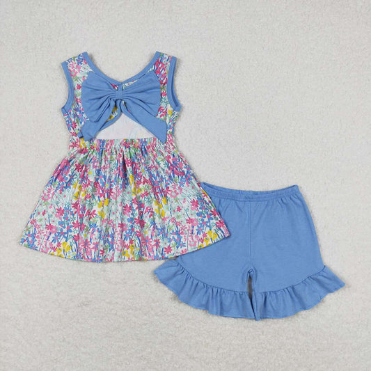 Baby Girls Blue Flowers Bow Tunic Top Ruffle Shorts Clothes Sets