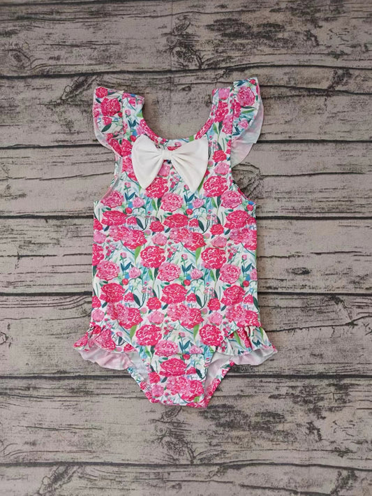 Baby Girls Pink Flowers Ruffle One Piece Swimsuits Sets preorder (moq 5)