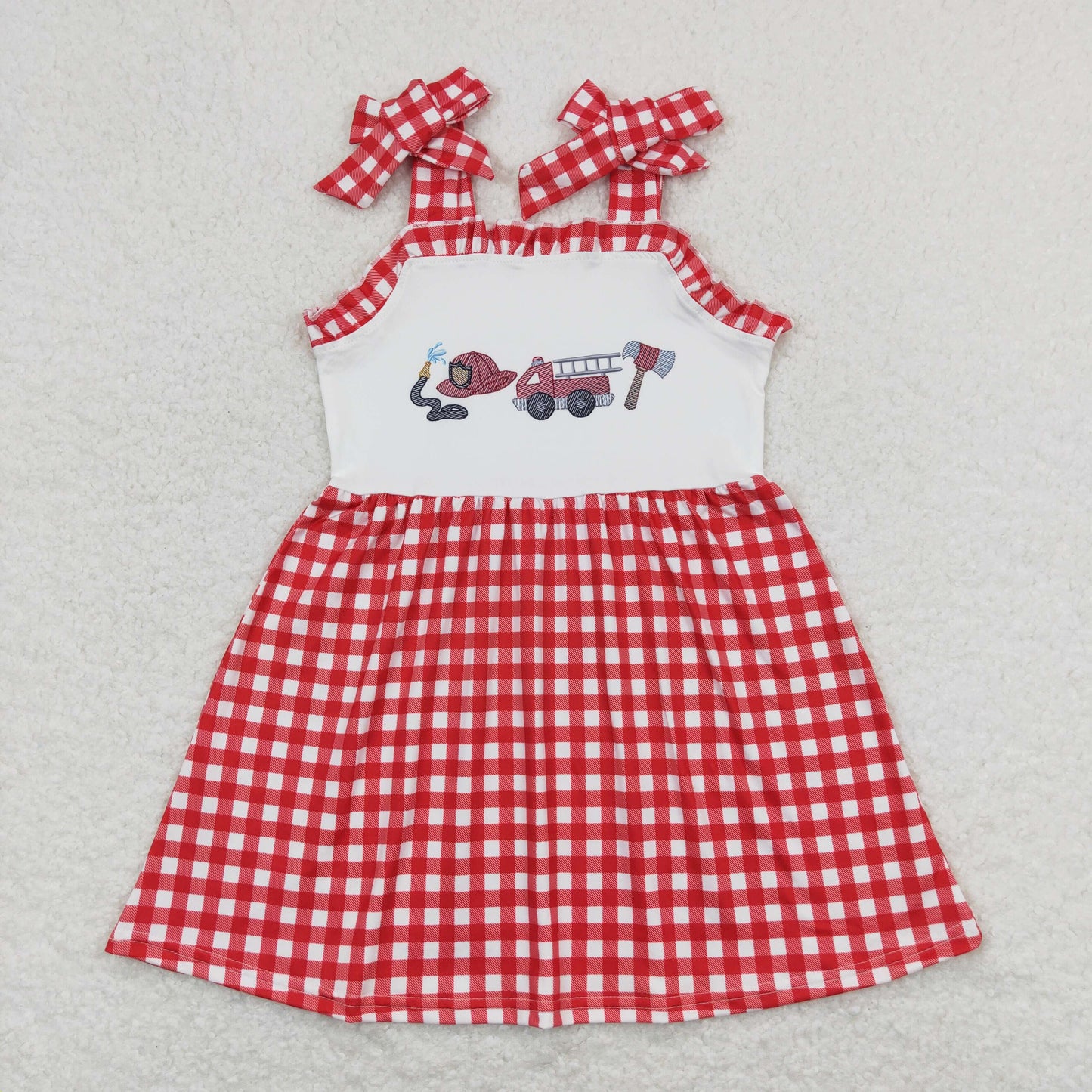 Baby Girls Fire Truck Red Checkered Straps Knee Length Dresses