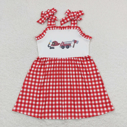 Baby Girls Fire Truck Red Checkered Straps Knee Length Dresses