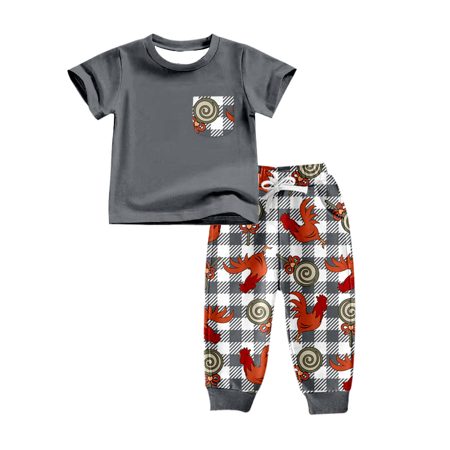 Baby Boys Grey Checkered Chicken Top Pants Clothes Sets preorder(moq 5)