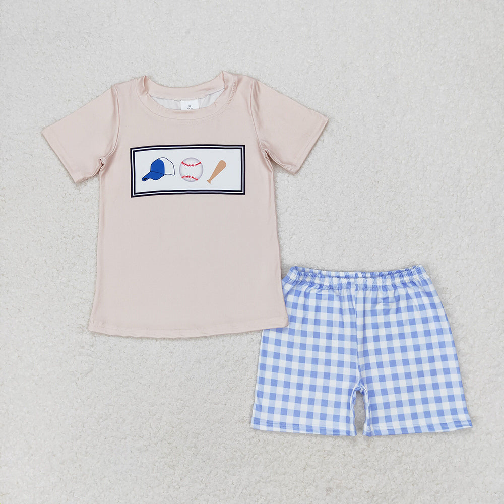 Baby Boys Baseball Tee Shirts Tops Blue Checkered Shorts Clothes Sets