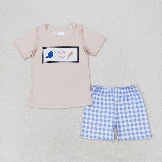 Baby Boys Baseball Tee Shirts Tops Blue Checkered Shorts Clothes Sets