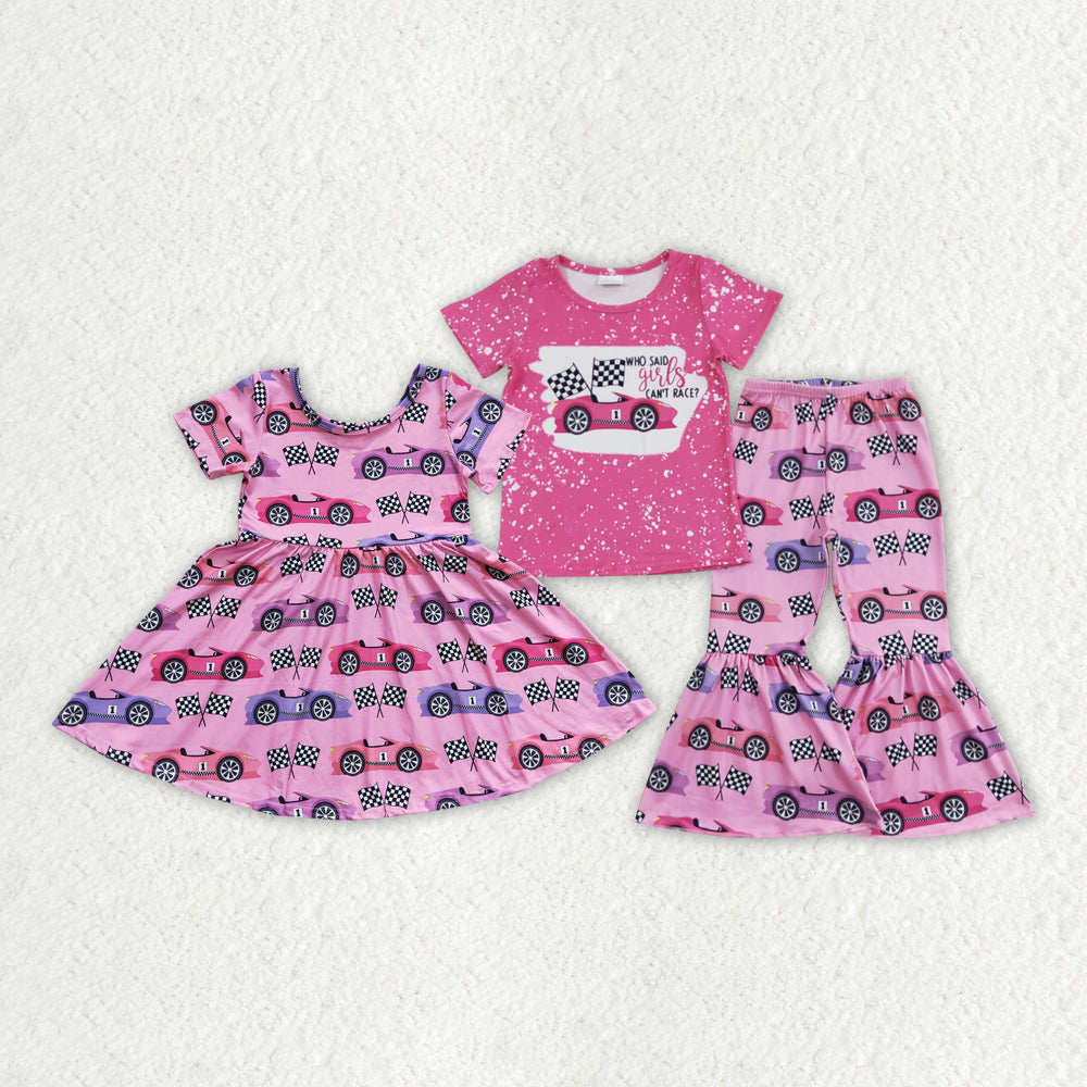 Baby Girls Pink Racing Car Sibling Sister Dresses Bell Pants sets