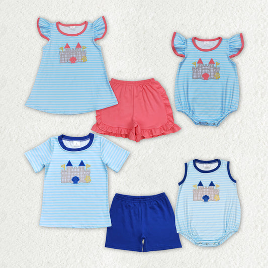 Baby Girls Boys Castle Embroidery Beach Sibling Clothes Sets