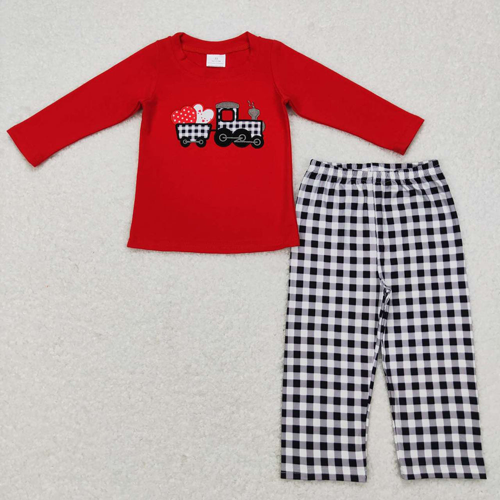Baby Boys Valentines Hearts Tractor Top Black Checkered Pants Clothing Sets
