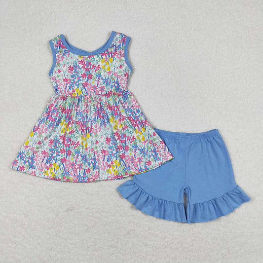 Baby Girls Blue Flowers Bow Tunic Top Ruffle Shorts Clothes Sets