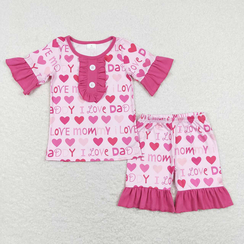 Baby Girls I Love Mom Dad Ruffle Shirts Shorts Pajamas Clothing Sets