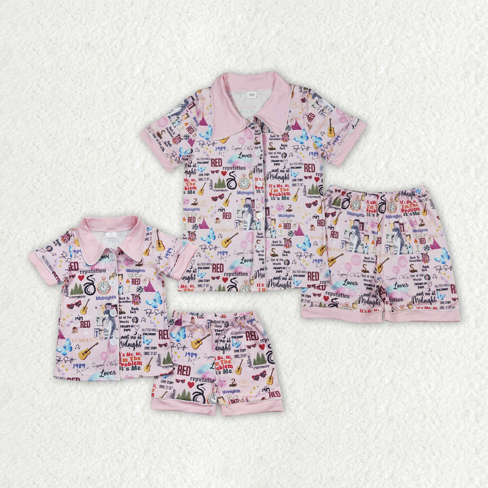 Mommy and Me Baby Girls Sibling Pink Singer Buttons Shirts Shorts Pajamas Clothes Sets