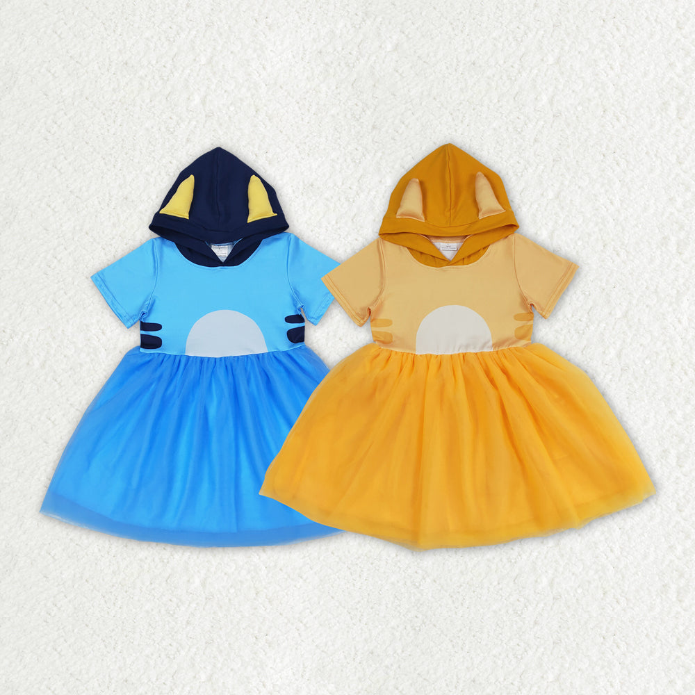 Baby Girls Blue Orange Dogs Ears Sibling Sister Tutu Knee Length Dresses