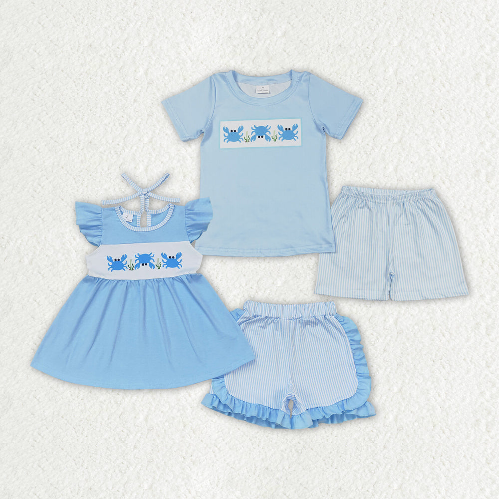 Baby Girls Boys Crab Top Stripes Sibling Summer Clothes Sets