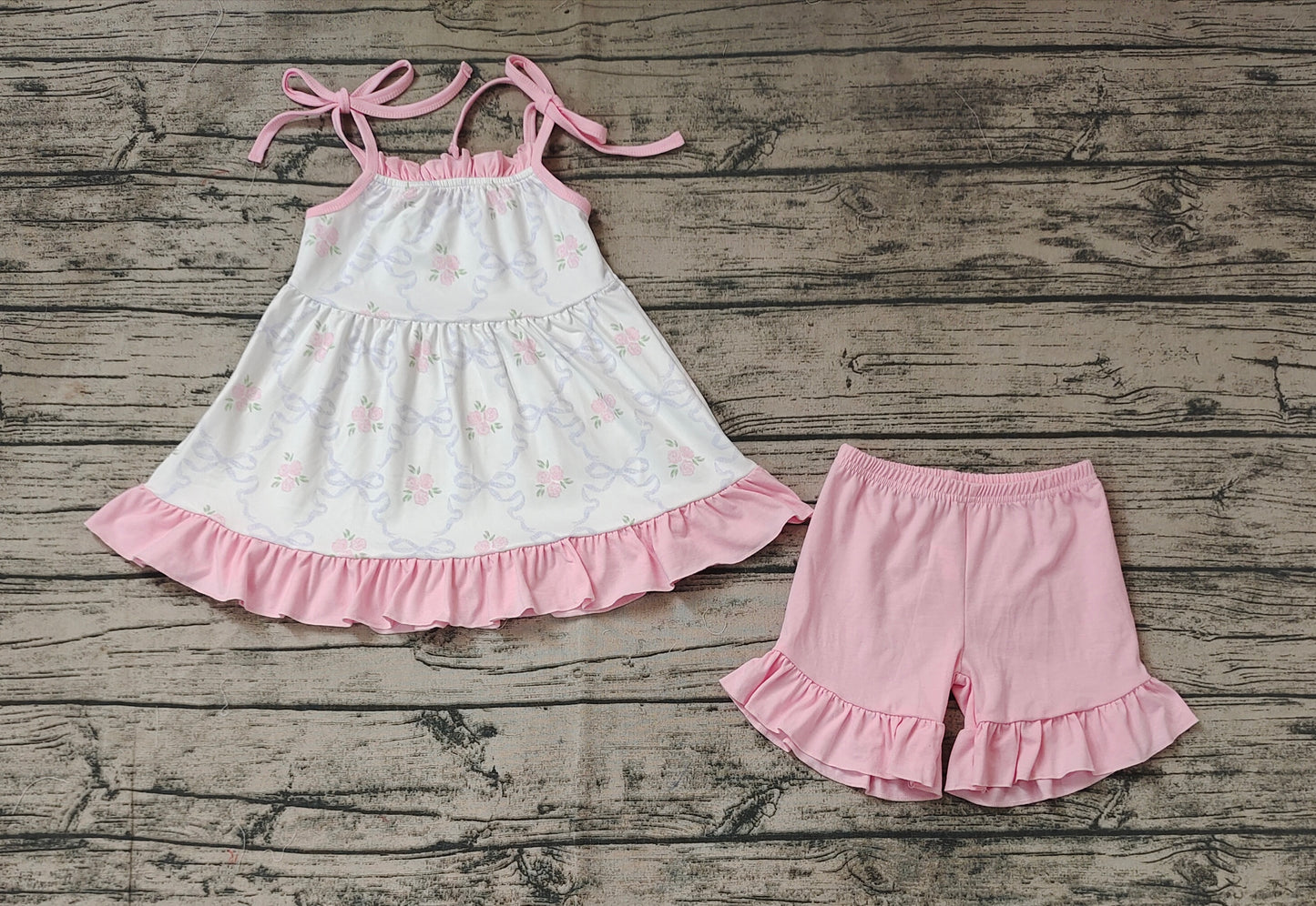 Baby Girls Pink Small Flowers Straps Tunic Top Ruffle Shorts Clothes Sets