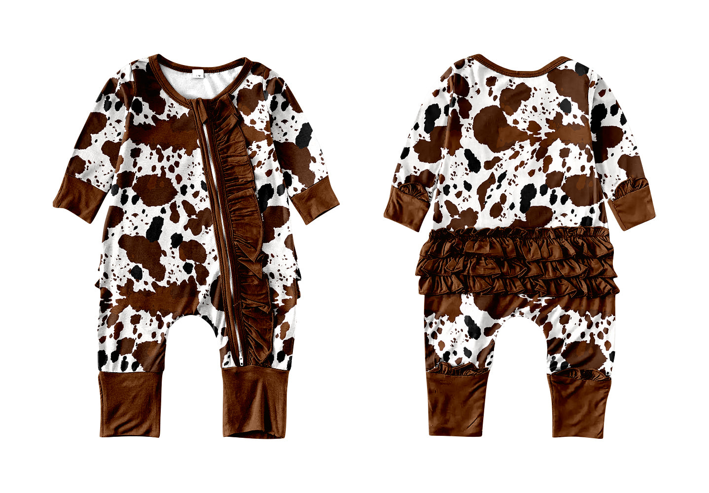 Baby Infant Girls Ruffle Brown Cow Print Long Sleeve Rompers preorder(moq 5)