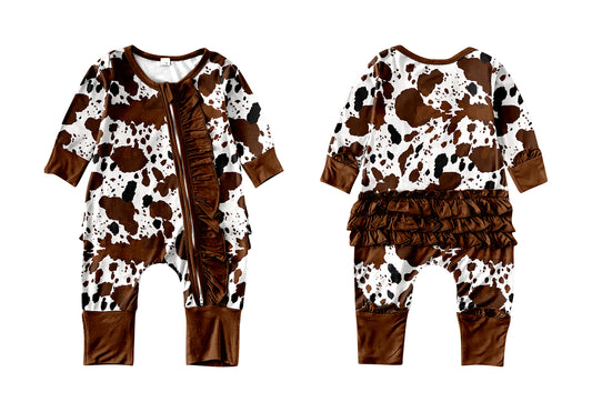 Baby Infant Girls Ruffle Brown Cow Print Long Sleeve Rompers preorder(moq 5)