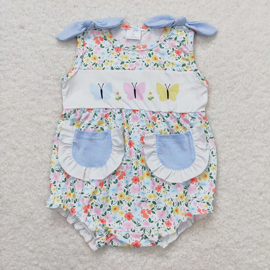 Baby Infant Girls Butterfly Straps Pockets Floral Rompers