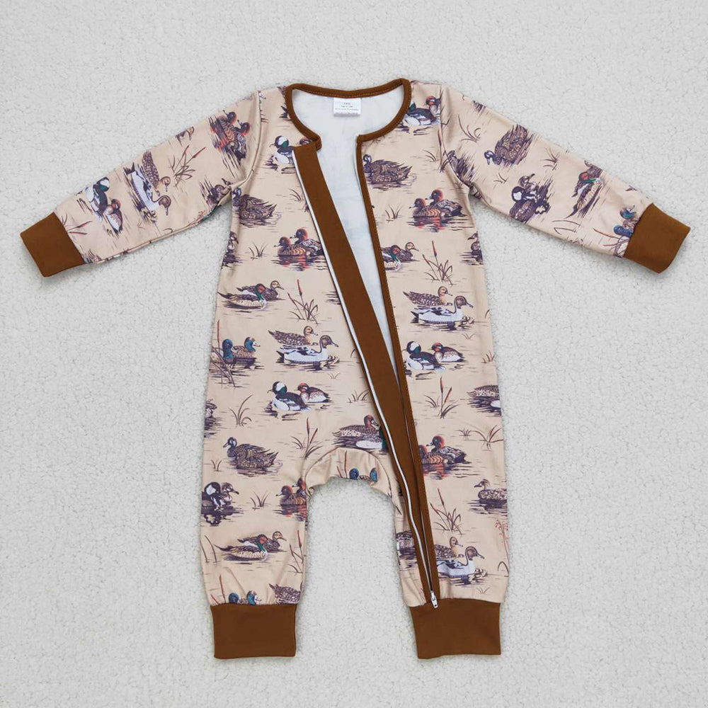 Baby Boys Fall Grey Duck Long Sleeve Zip Rompers