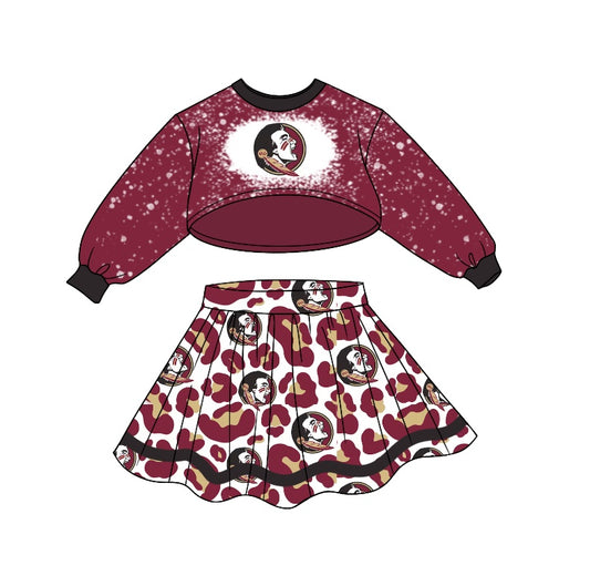 Baby Girls Team Dark Red Long Sleeve Top Leopard Skirts Sets preorder(moq 5)