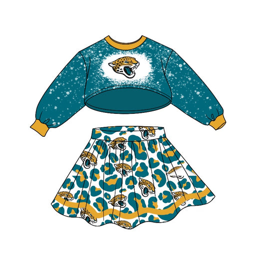 Baby Girls Team Dark Green Long Sleeve Top Leopard Skirts Sets preorder(moq 5)