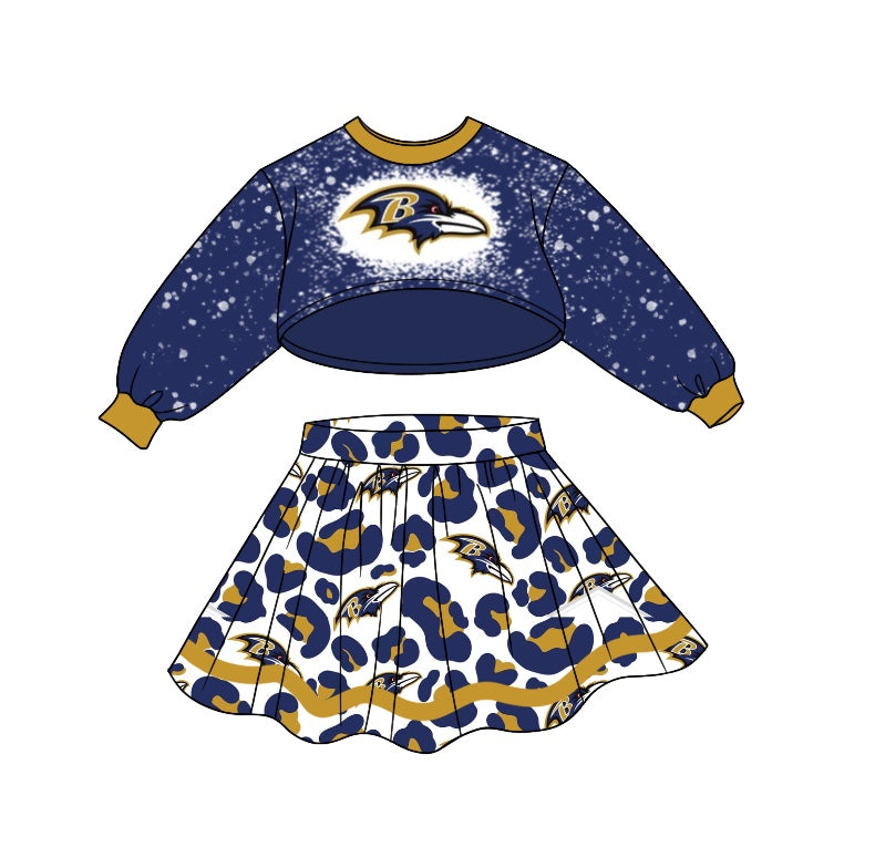 Baby Girls Team Dark Blue Long Sleeve Top Leopard Skirts Sets preorder(moq 5)