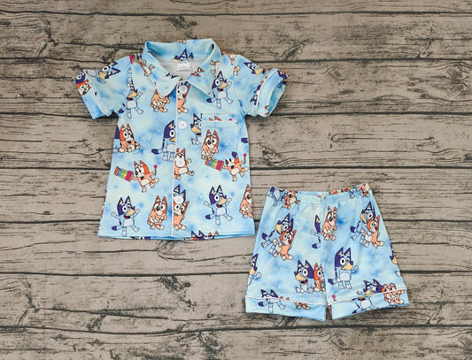 Baby Girls Boys Dogs Blue Buttons Shirt Shorts Pajamas Clothes Sets