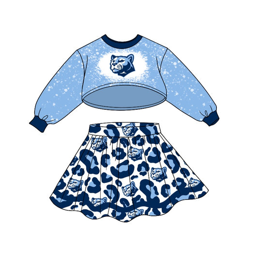 Baby Girls Team Light Blue Long Sleeve Top Leopard Skirts Sets preorder(moq 5)