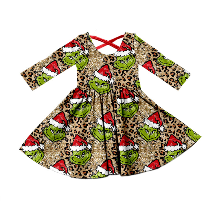 Baby Girls Christmas Green Frog Leopard Knee Length Dresses preorder(moq 5)