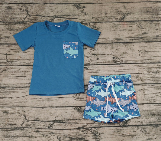 Baby Boys Blue Pocket Tee Shirts Tops Fish Shorts Clothes Sets