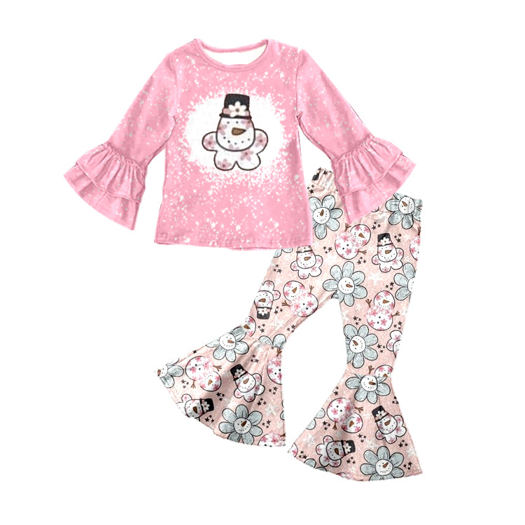 Baby Girls Pink Christmas Snowman Flowers Top Bell Pants Clothes Sets preorder(moq 5)
