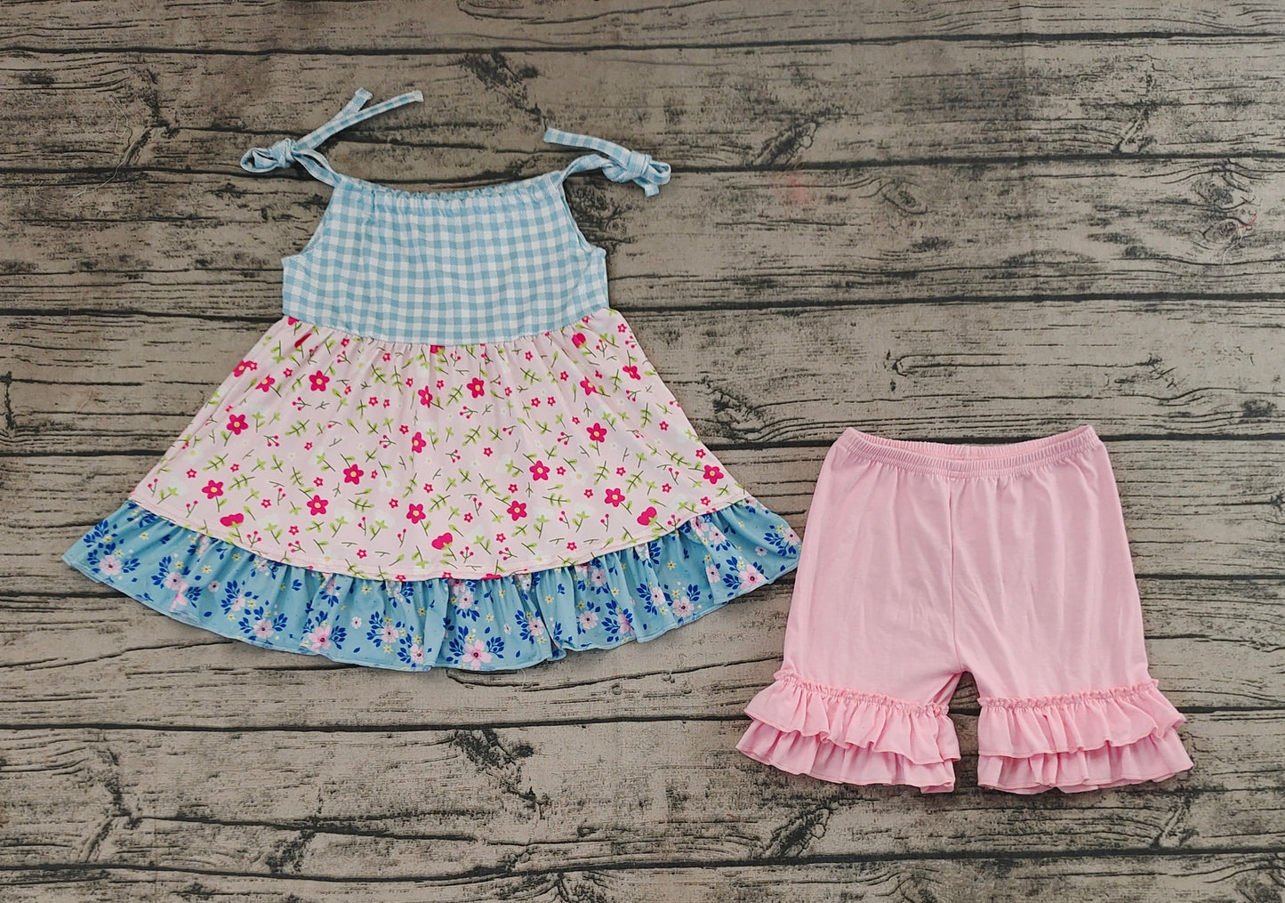 Baby Girls Blue Checkered Floral Halter Tunic Ruffle Shorts Clothes Sets