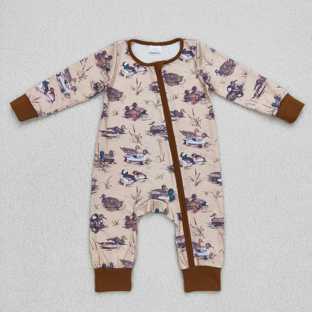 Baby Boys Fall Grey Duck Long Sleeve Zip Rompers