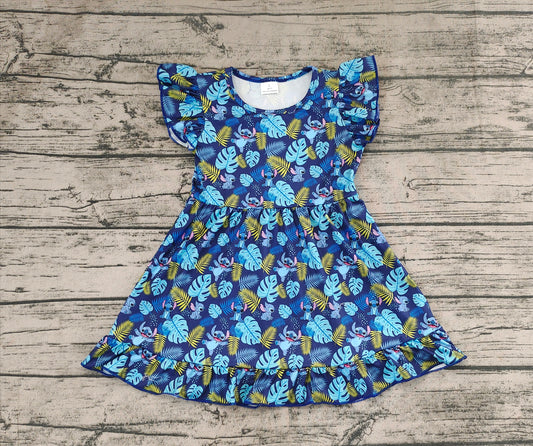 Baby Girls Blue Cartoon Animal Flutter Sleeve Knee Length Dresses