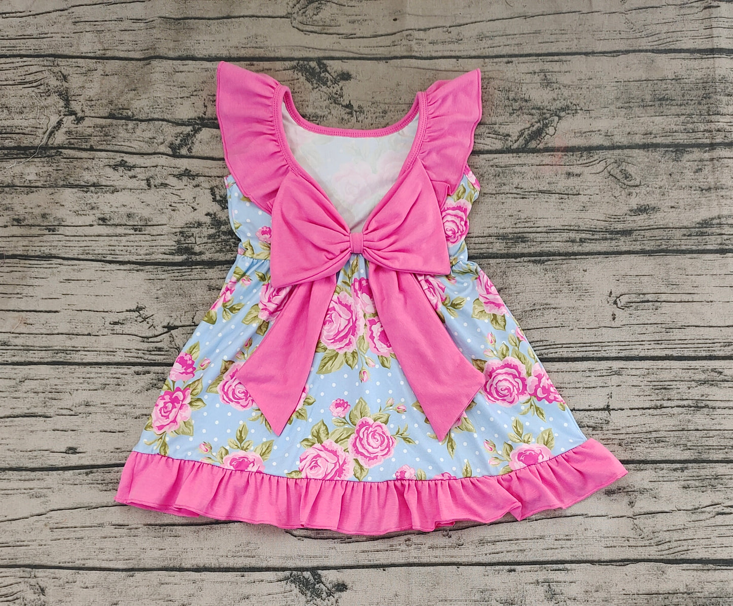 Baby Girls Blue Dots Pink Flowers Bow Knee Length Dresses
