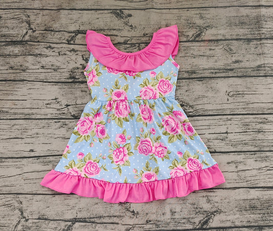 Baby Girls Blue Dots Pink Flowers Bow Knee Length Dresses Preorder