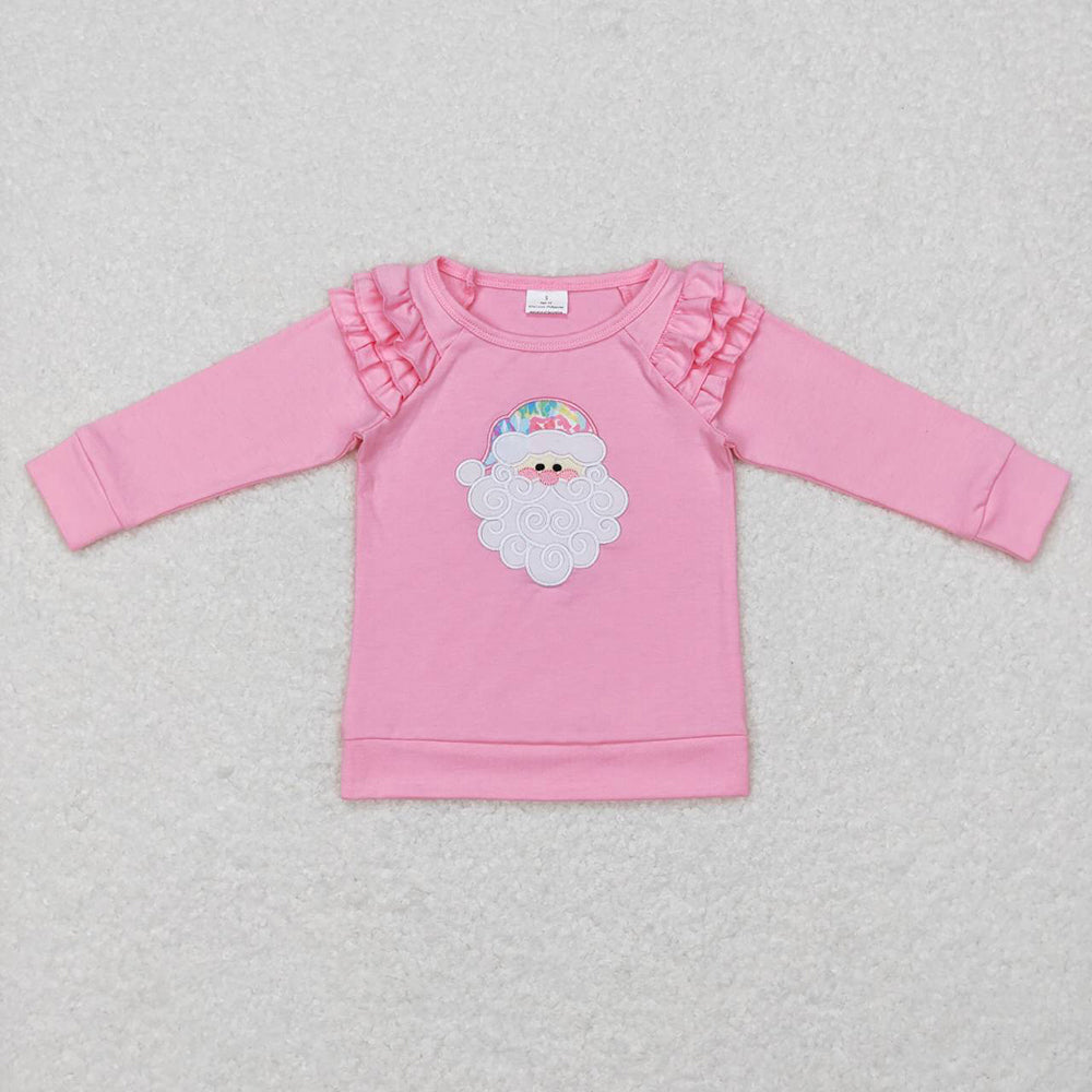 Baby Girls Christmas Pink Santa Long Sleeve Ruffle Tee Shirts Tops